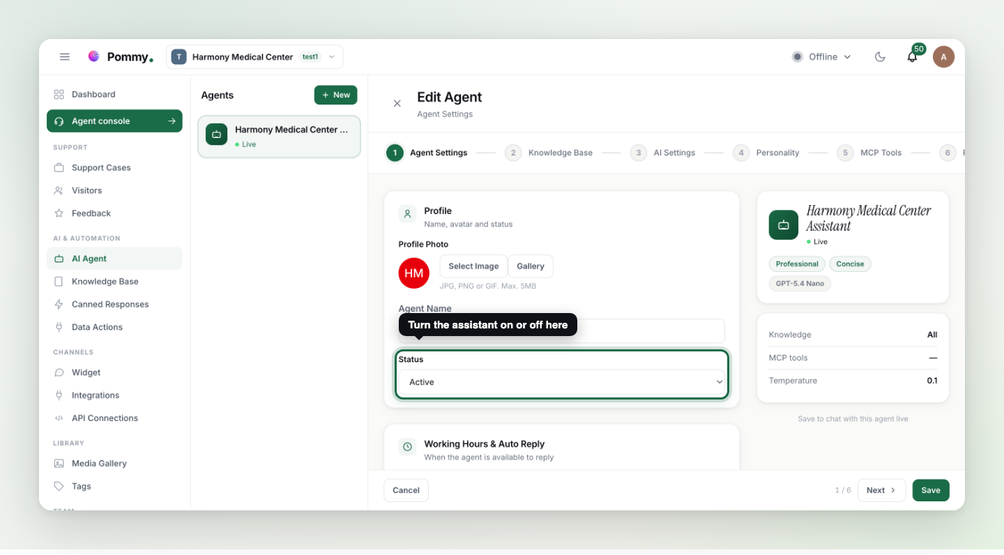 The AI Agent edit screen on the Agent Settings step, with the Status field highlighted