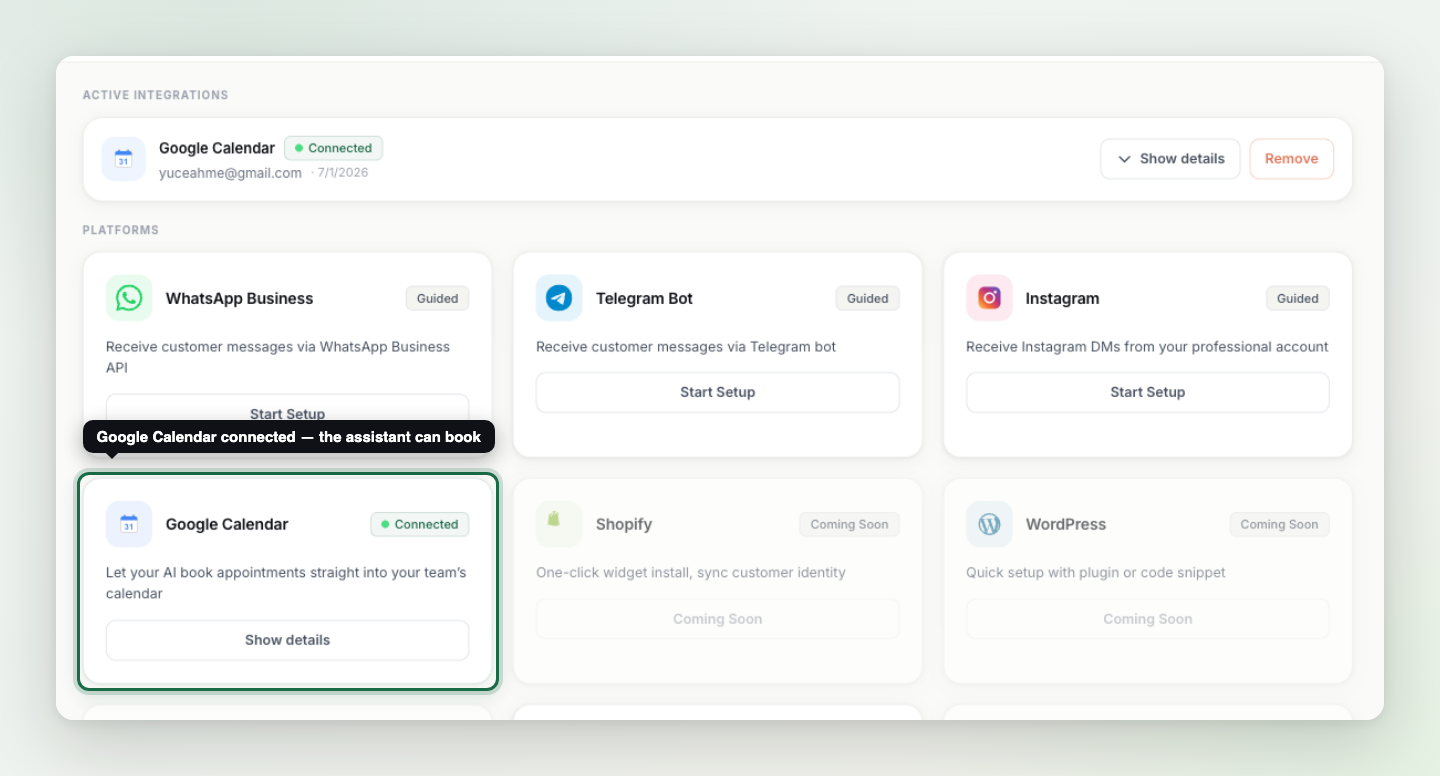 The Integrations page with the connected Google Calendar card highlighted