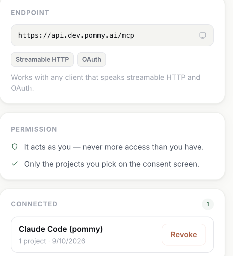 The Connected card listing an authorized client with its project count and grant date, with the Revoke button beside it