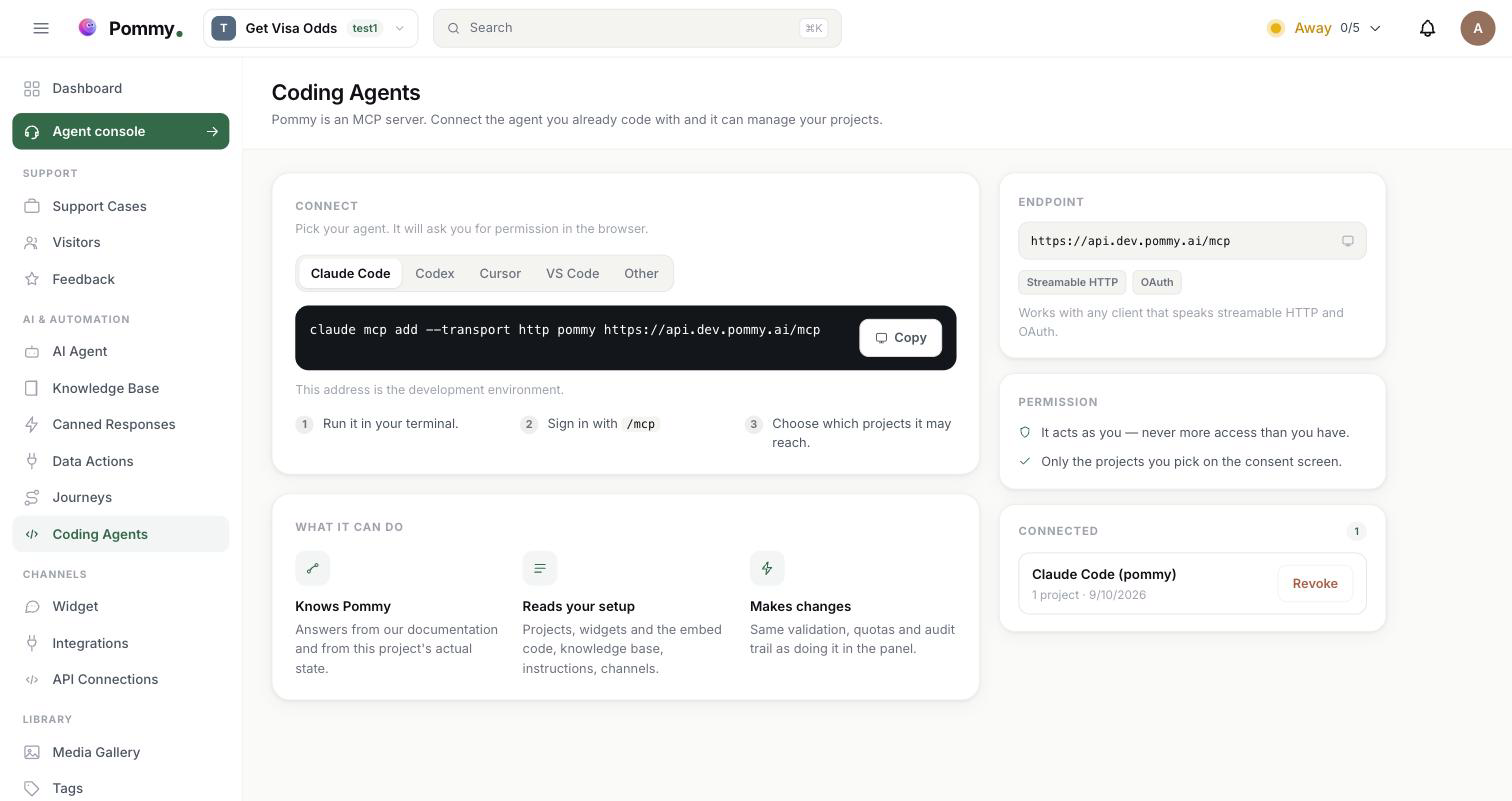 The Coding Agents page: the client tabs with the connect command on the left, the endpoint address, the permission summary and the Connected card on the right