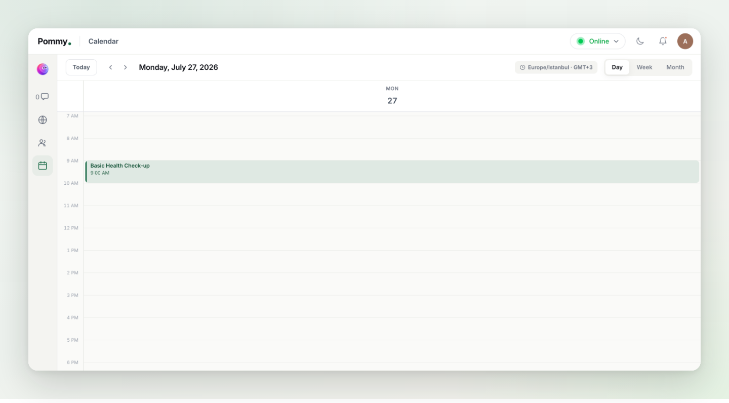 The Agent console calendar in day view with a booking on the grid and the time-zone indicator at the top