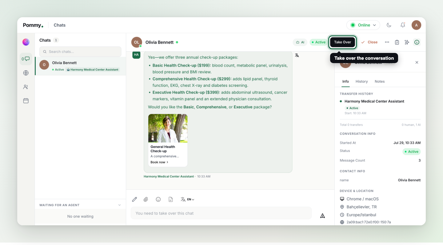 An open conversation in the Agent console with the Take Over button labeled 'Take over the conversation'