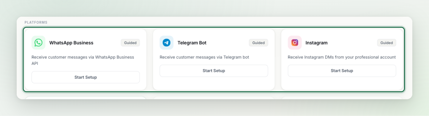 The WhatsApp Business, Telegram Bot and Instagram channel cards on the Integrations page, highlighted