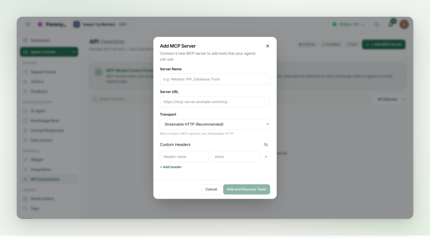 The API Connections page with the Add MCP Server dialog: server name, server URL, transport and custom headers