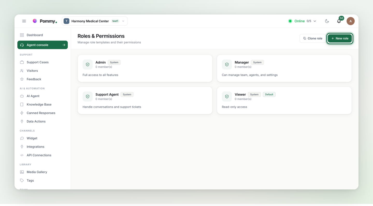 The Roles & Permissions page; the four built-in role cards and the highlighted New role button