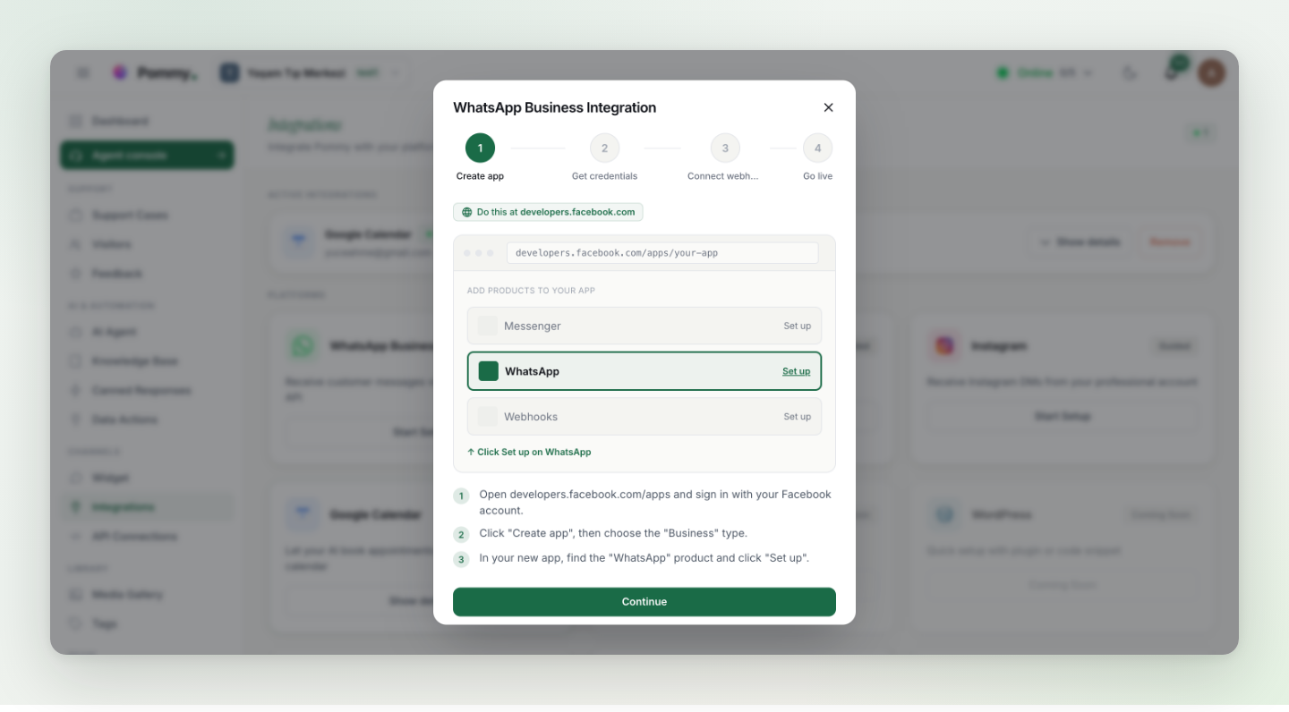 The WhatsApp Business Integration dialog in Pommy with its requirements and credential fields