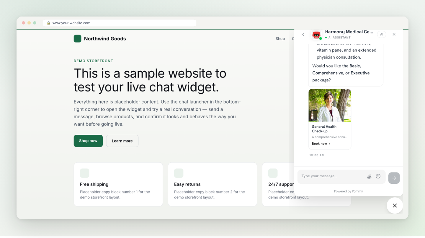 The Pommy widget open on a website; a customer asks about opening hours and the assistant answers precisely