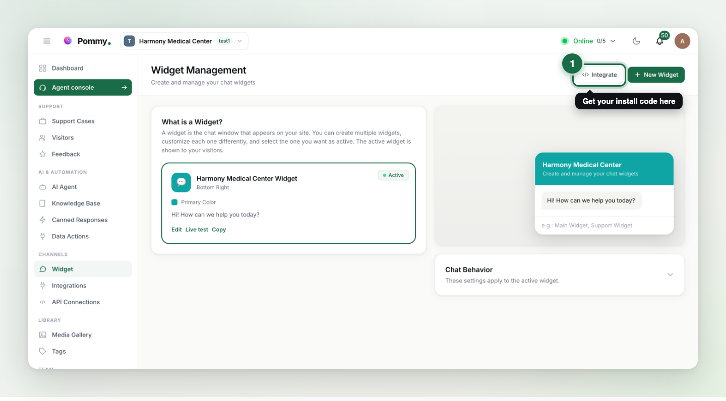 The Widget page with the Integrate button highlighted top right